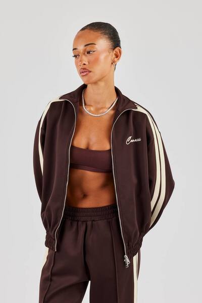  Cernucci Funnel Neck Taping Zip Through Track Jacket - Chocolate, Brown 