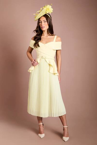 Coast Bardot Pleated Crepe Midi Dress, Lemon 