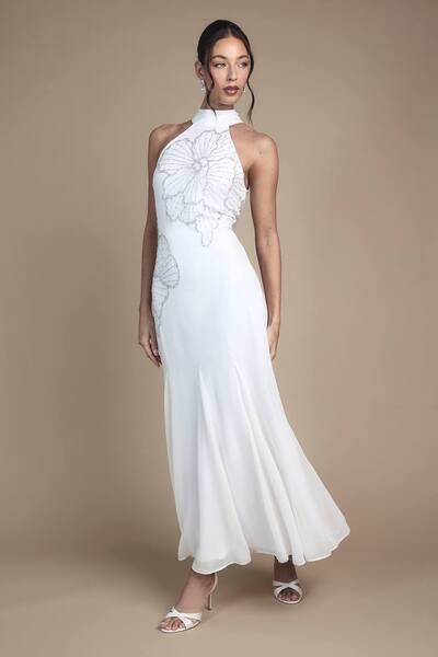  Coast Embellished Maxi Wedding Dress With Godet Pleats, Ivory 