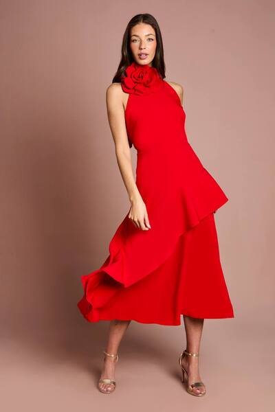  Coast High Neck Corsage Detail Midi Dress, Flame Red 