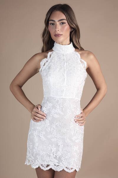  Coast High Neck Embroidered Mesh Mini Wedding Dress, Ivory 