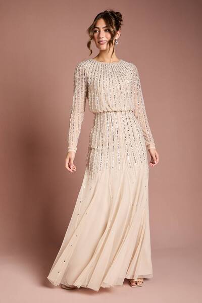  Coast Linear Sequin Embellished Long Sleeve Maxi Dress, Champagne 