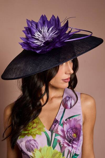  Coast Lisa Tan Feather And Quill Detail Wide Brim Hat, Navy 
