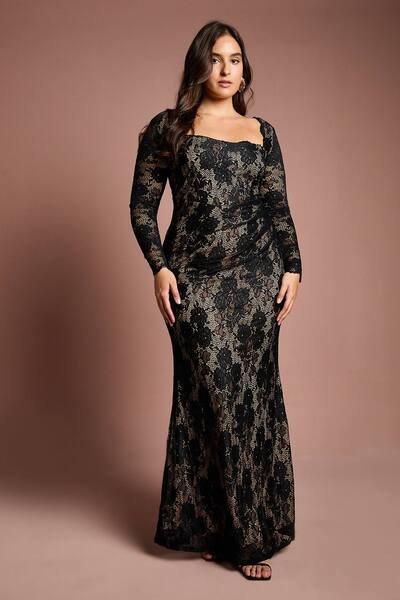  Coast Plus Size Long Sleeve Lace Maxi Dress, Black 