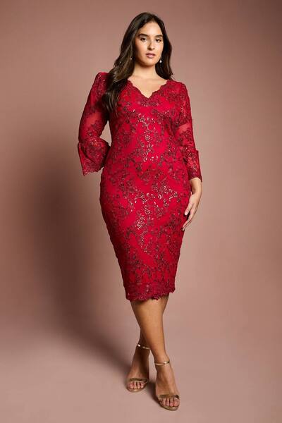  Coast Plus Size Sequin Bodycon Midi Dress, Red 