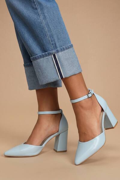  Dorothy Perkins Blanche Ankle Strap Pointed High Block Heel Court Shoes, Blue 
