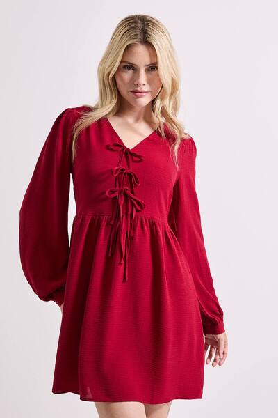  Dorothy Perkins Bow Front Blouson Sleeve Mini Dress, Berry 