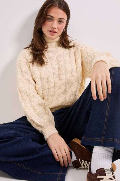  Dorothy Perkins Cable Roll Neck Jumper, Buttermilk 