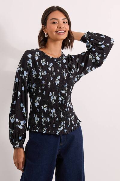  Dorothy Perkins Floral Shirred Bodice Button Through Top 