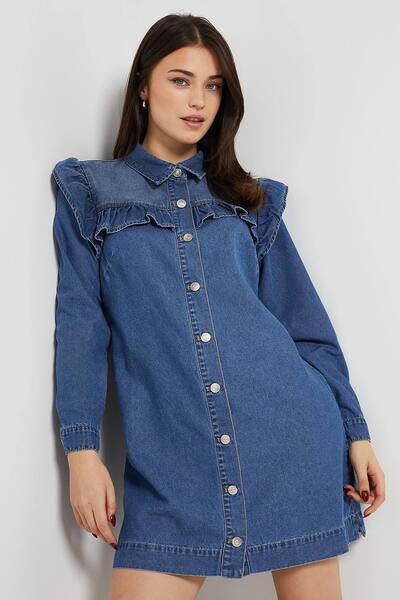  Dorothy Perkins Frill Yoke Denim Mini Dress, Mid Wash 