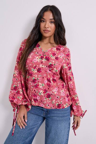  Dorothy Perkins Petite Button Tie Detail Printed Top, Pink 