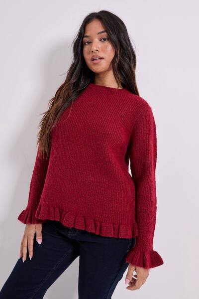  Dorothy Perkins Petite Ribbed Ruffle Cuff Jumper, Red 