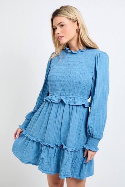  Dorothy Perkins Shirred Bodice Frill Mini Dress, Denim-blue 