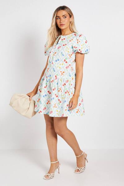  Dorothy Perkins Tie Front Button Detail Puff Sleeve Mini Dress, Floral 