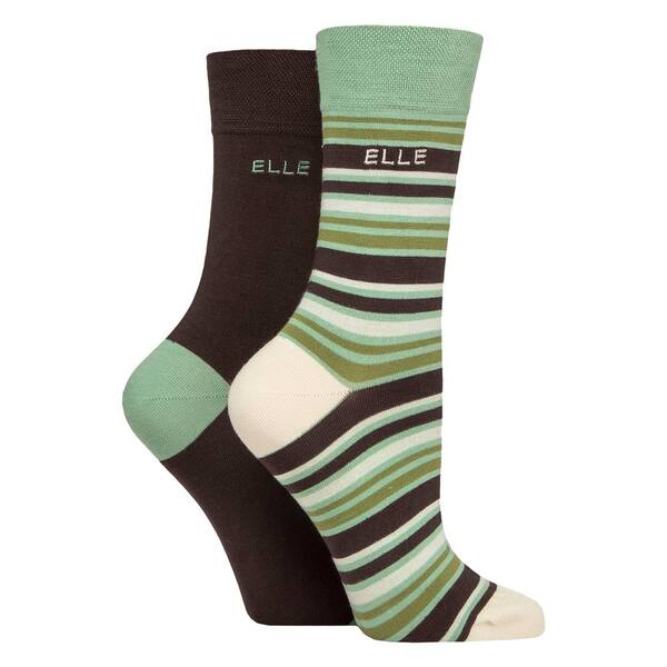  Elle 2 Pack Ladies Striped & Plain Bamboo Socks, Brown 