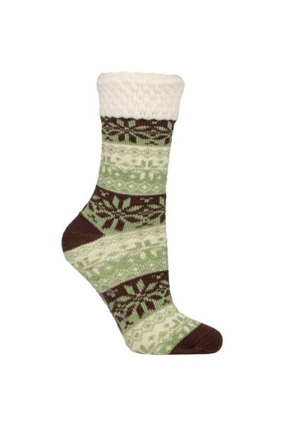  Elle 1 Pair Feather-lined Fairisle Home Socks, Green 