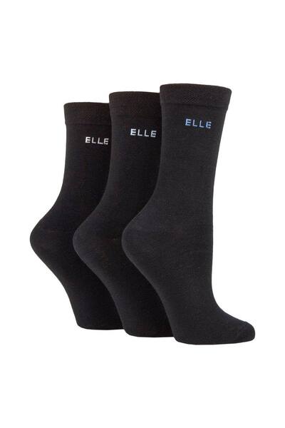 Elle 3 Pair Plain, Striped And Patterned Cotton Socks With Hand Linked Toes, Black 
