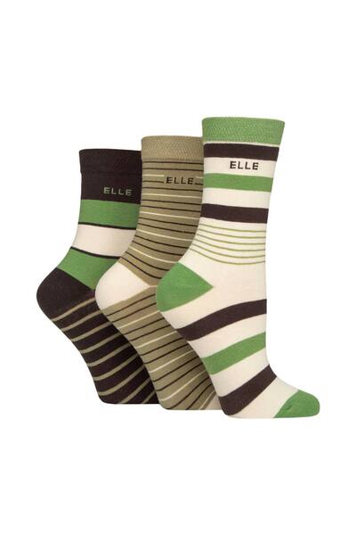  Elle 3 Pair Plain, Striped And Patterned Cotton Socks With Hand Linked Toes, Dark Green 