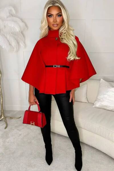  Femme Luxe Belted High Neck Cape Coat, Red 