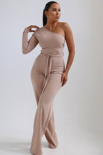  Femme Luxe Belted One Shoulder Jumpsuit, Beige 