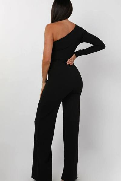  Femme Luxe Belted One Shoulder Jumpsuit, Black 