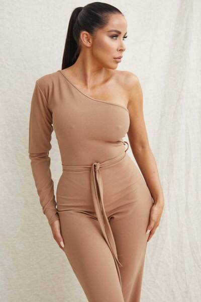  Femme Luxe Belted One Shoulder Jumpsuit, Camel 