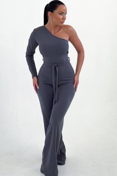  Femme Luxe Belted One Shoulder Jumpsuit, Charcoal 