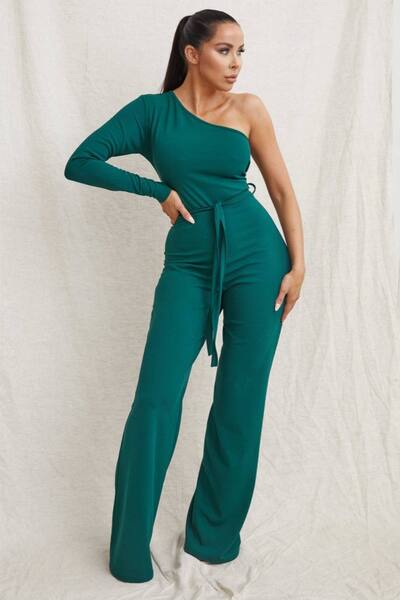  Femme Luxe Belted One Shoulder Jumpsuit, Emerald 