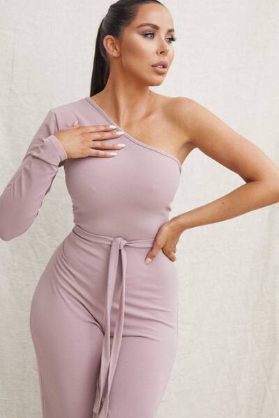  Femme Luxe Belted One Shoulder Jumpsuit, Mauve 