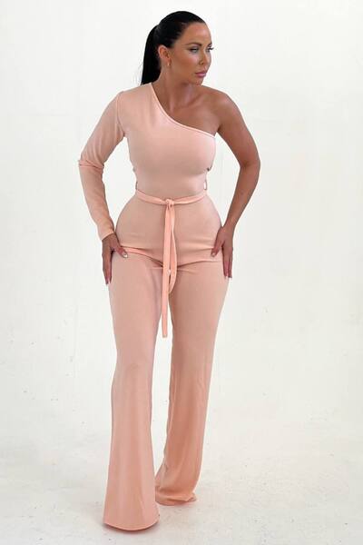 Femme Luxe Belted One Shoulder Jumpsuit, Nude 