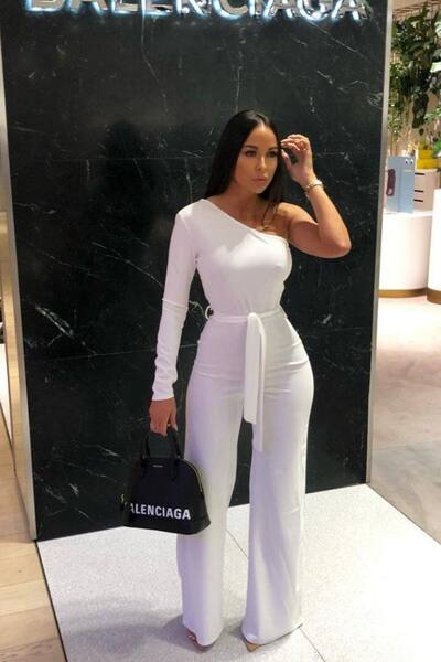  Femme Luxe Belted One Shoulder Jumpsuit, White 