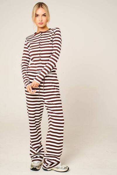  Femme Luxe Contrast Striped Molly Button Top And Wide Leg Trousers, Brown 