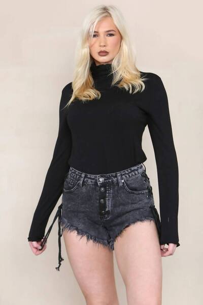  Femme Luxe Lace Up Side Denim Frayed Shorts, Black 