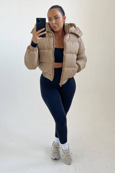  Femme Luxe Padded Zip Up Hooded Puffer Jacket, Stone 