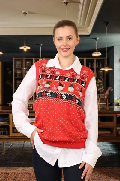  Femme Luxe Red Christmas V Neck Knit Vest Top 