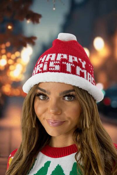  Femme Luxe Red Happy Christmas' Knitted Santa Cap 
