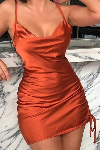  Femme Luxe Satin Ruched Side Slip Mini Dress, Burnt Orange 