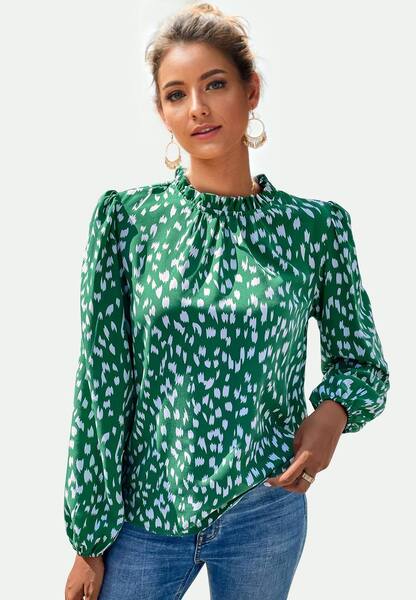  Fs Collection Animal Print Frill Detail High Neck Top In Green 