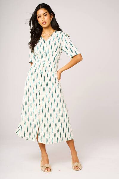  Fs Collection Botanical Leaf Print Button-front Midi Short Sleeves Dressin Off White 