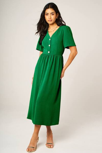  Fs Collection Button Detail Shirred Waist Midi Dress, Green 