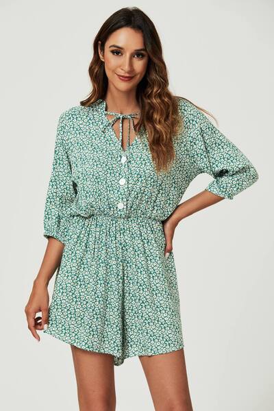  Fs Collection Daisy Floral Print Boho Playsuit With Buttons In Green 