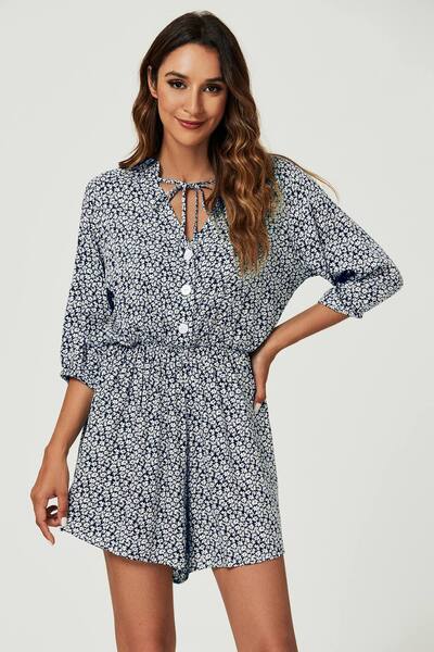  Fs Collection Daisy Floral Print Boho Playsuit With Buttons In Navy 
