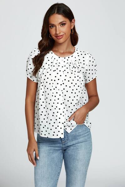  Fs Collection Dot Print Short Sleeves Top In White 