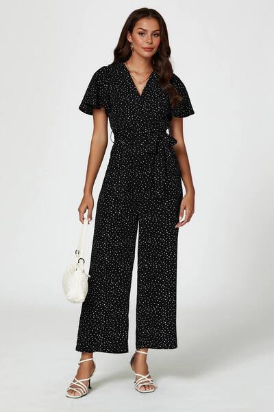  Fs Collection Dot Print Wrap Top Jumpsuit In Black 