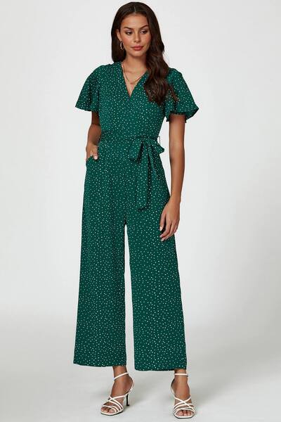  Fs Collection Dot Print Wrap Top Jumpsuit In Green 