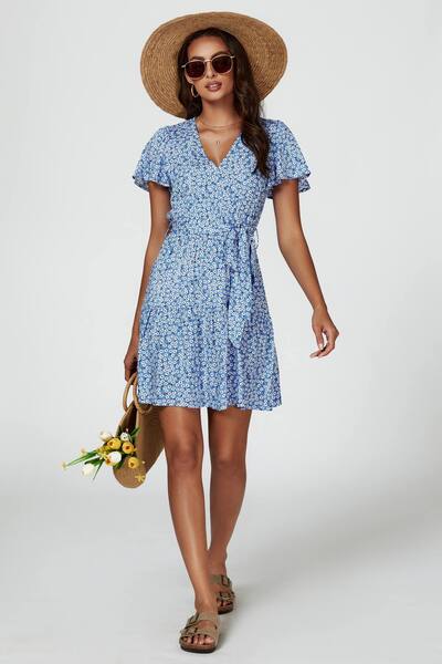  Fs Collection Floral Print Hem Tiered Wrap Mini Dress, Blue 