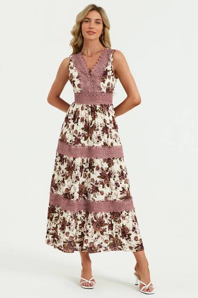  Fs Collection Floral Print Lace Detail Maxi Dress In Off White 