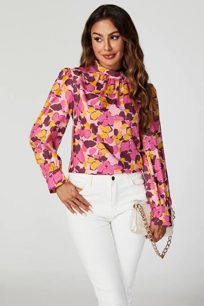  Fs Collection Floral Print Long Sleeve High Neck Top, Pink 