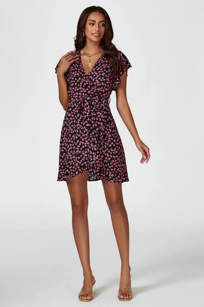  Fs Collection Floral Print Wrap Top Dress In Black 