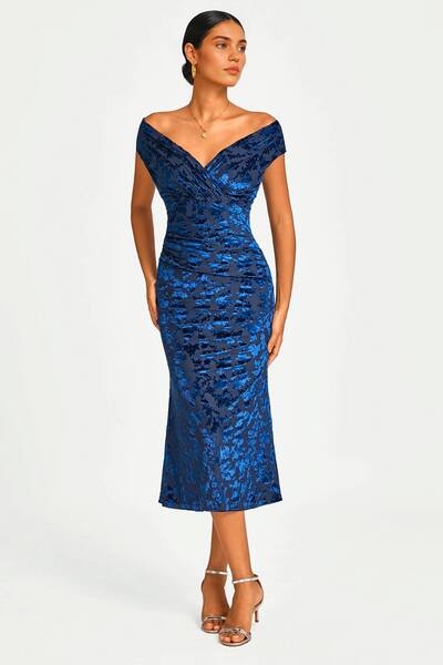  Fs Collection Floral Velvet Devore Bardot Pleated Midi Dress In Navy 